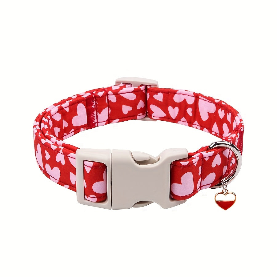 Red and Pink Heart Pattern Dog Collar - Quick Release Safety Buckle, Metal Heart Pendant, for Small Pets, Dog Leash, Cute