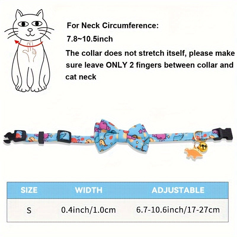 Adjustable Polyester Fiber Cat Collars with Animal Print, Bow Tie & Bell Pendant - CP627 Cute Pet Collar Set with Safety Buckle & Detachable Accessories