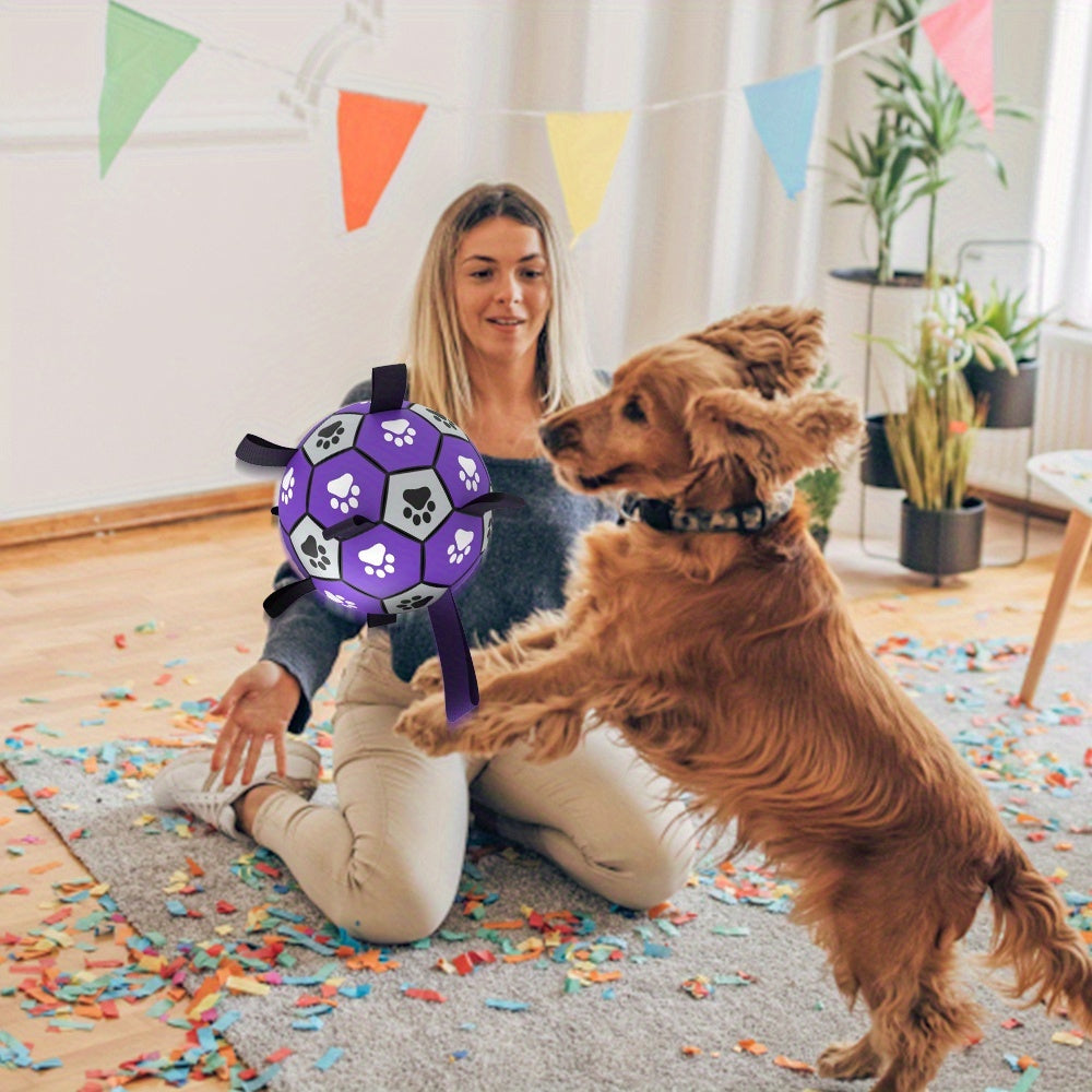 Durable Rubber Dog Soccer Ball with Straps - Interactive Chew-Resistant Pet Toy for All Breed Sizes, Purple & Black with Paw Print Design, Indoor/Outdoor Play & Training, Dog Ball Toy, Large Surface Area