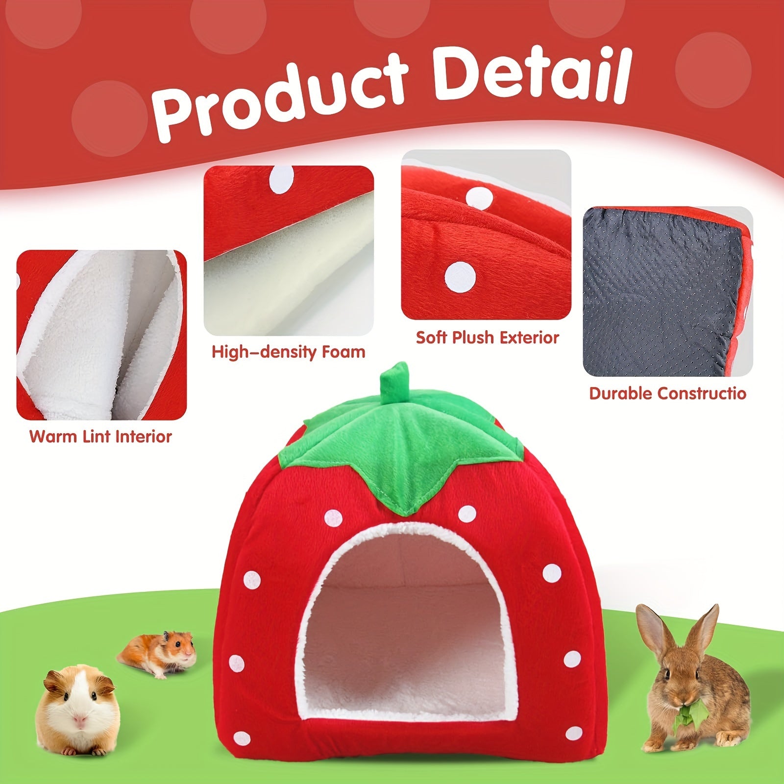 Strawberry-Shaped Small Pet Bed with Removable Cushion - Cotton Cozy Hideaway for Rabbits, Guinea Pigs, Hamsters, and Hedgehogs, Warm Fleece Cuddle Cup Pet Tent