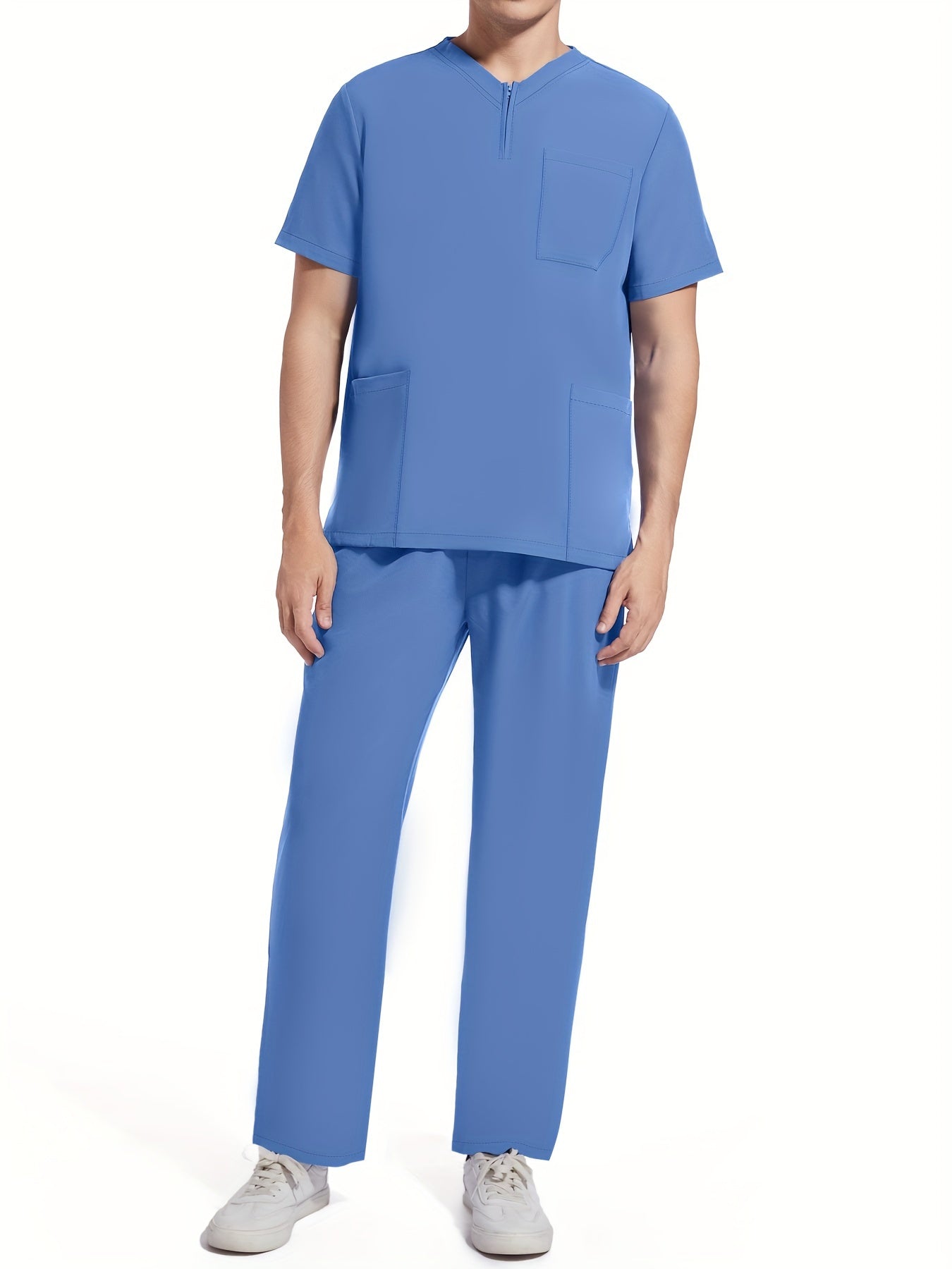 Men's Short Sleeve Summer Work Wear Set, Lab Coat, Pet Grooming Uniform, Breathable V-neck Top With Pockets And Long Pants Outfit