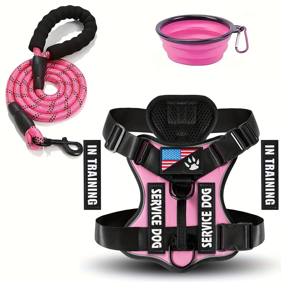 Service Dog Harness and Leash Set - Adjustable Soft Oxford Pet Harness with 1pc Folding Bowl, 5pcs Patches, Reflective Vest, Easy Control Traction Rope for Small Medium Large Dogs