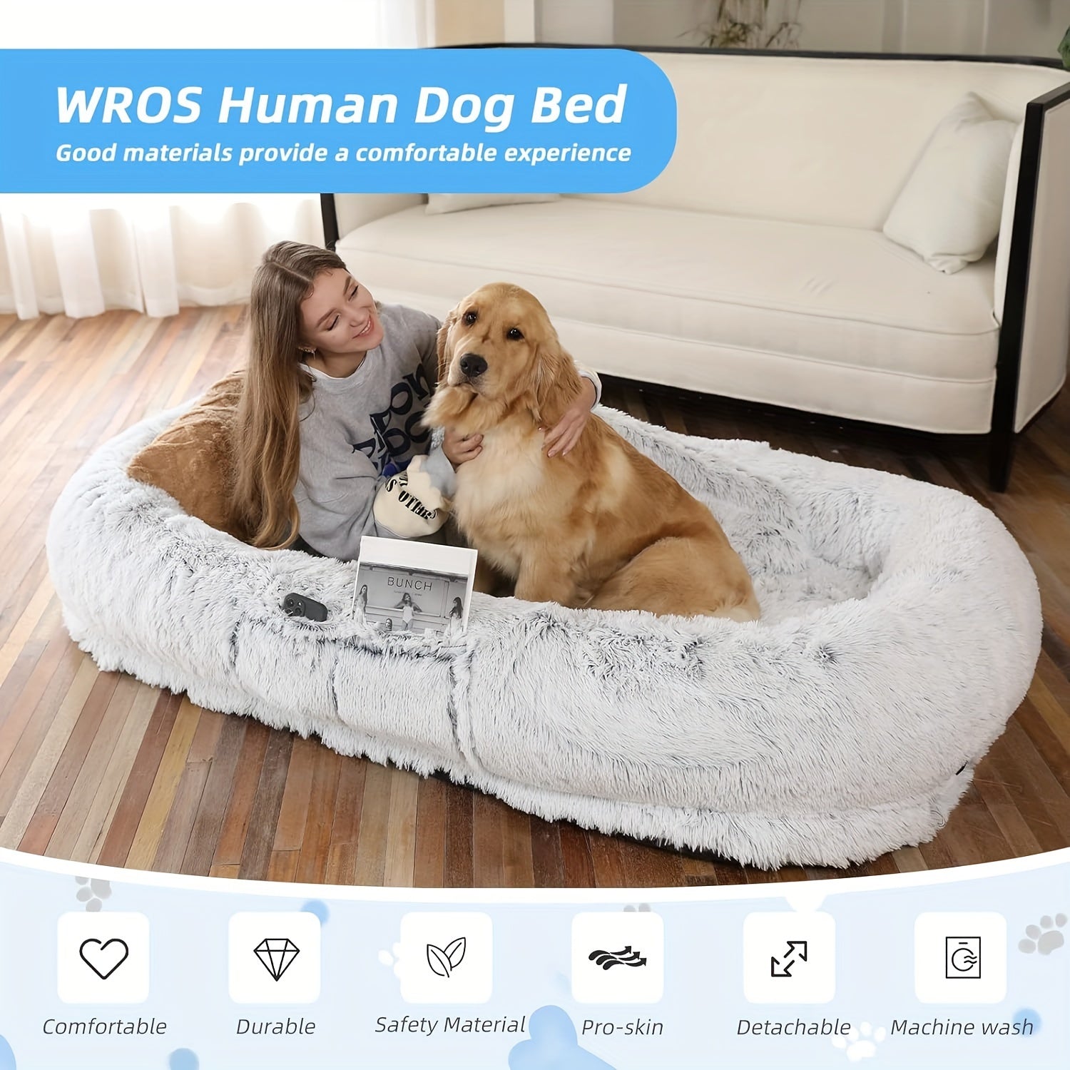 Extra Large Orthopedic Human & Dog Bed with Plush Pillow & Blanket - 71"x45"x12" Washable Faux Fur Pet Couch, Non-Slip Base, Removable Cover - Grey Bed for All Dog Breeds (Small/Medium/Large Dogs) & Cozy Napping Companion for