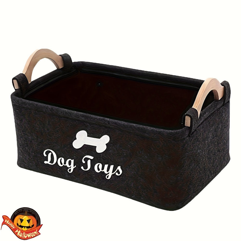 OPETEE Foldable Fabric Pet Toy Storage Basket Organizer with Bone Pattern & Wooden Handles - Spacious Easy-to-Clean Dog Toy Chest for Blankets, Leashes, Puppy Clothing - Dark Grey Clutter-Free Home Decor, Home Pet Organizer |