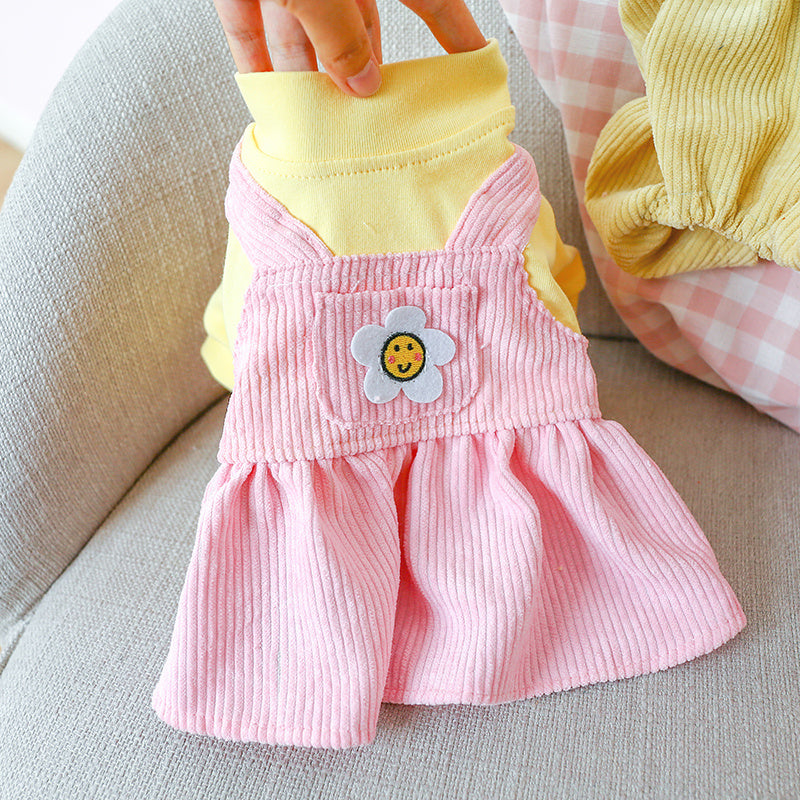 Pink Warm & Comfortable Knit Sunflower Couple Dog Dress - Cozy Pet Apparel for Small Breeds, Fall/Winter