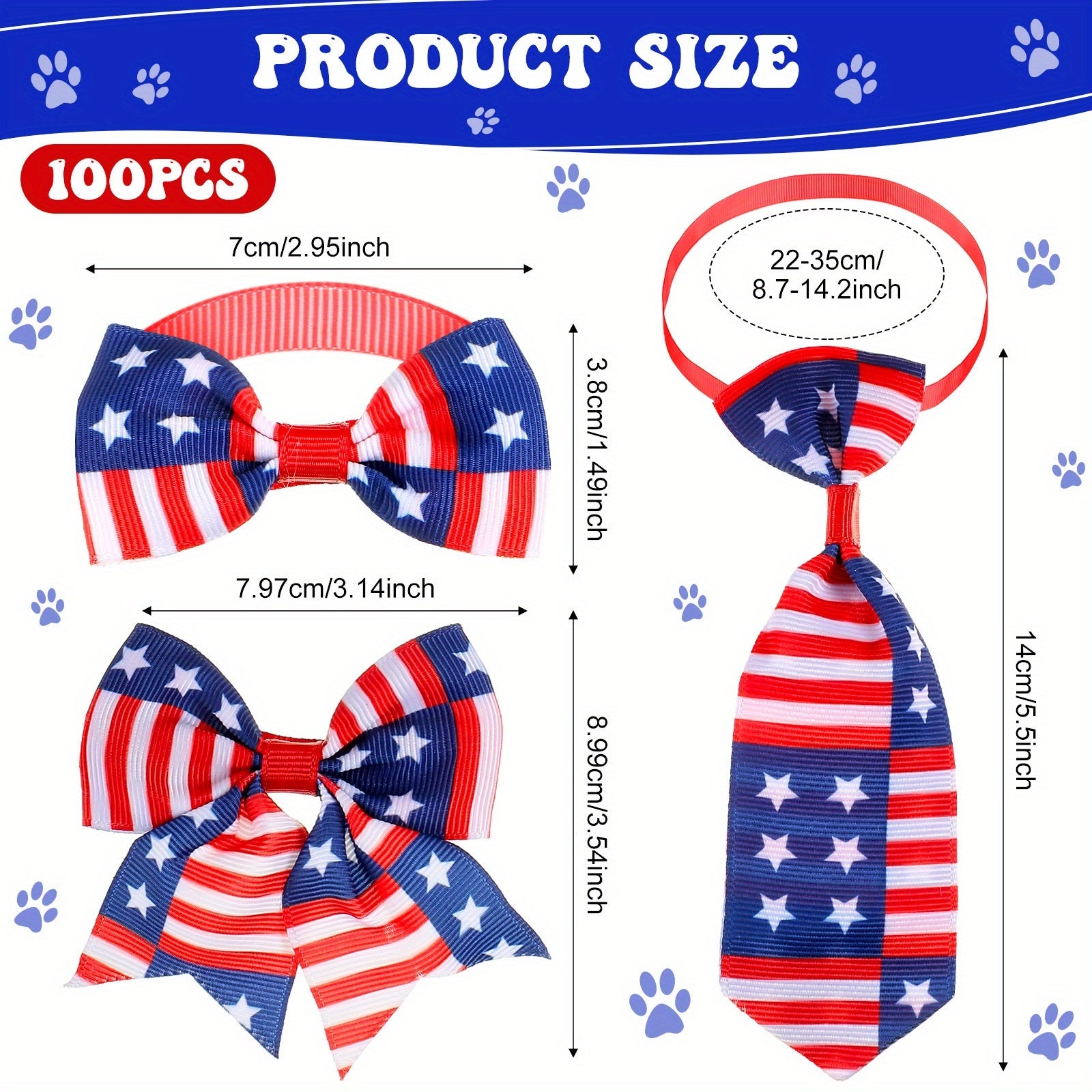 100pcs Patriotic Dog Bow Tie Collar Set - Adjustable 4th of July Dog Bows with American Flag & Star Designs, Polyester, Perfect for Small to Medium Breeds, Festive Pet Accessories | Patriotic Dog Accessories | Adjustable Coll