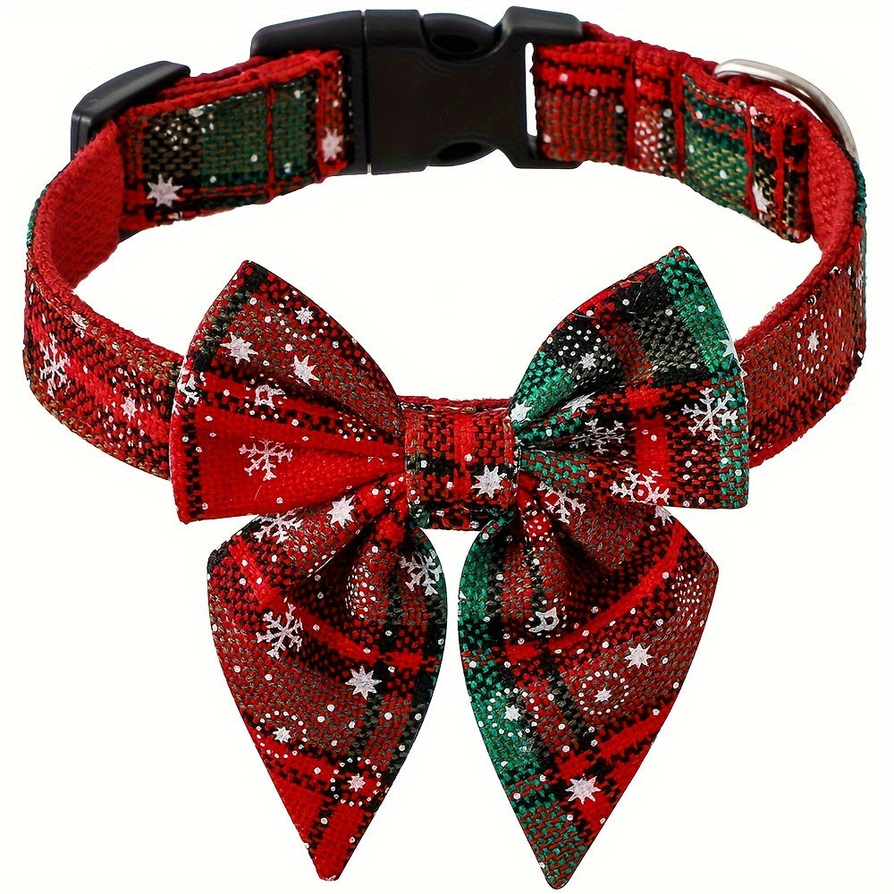 Christmas Plaid Dog Collar with Detachable Bowtie, Adjustable Pet Collar for Cats and Dogs, Durable Polyamide Material with Press Buckle and D-Ring, Perfect for Holiday Parties, Birthdays, and Daily Wear - Red (S/M/L)