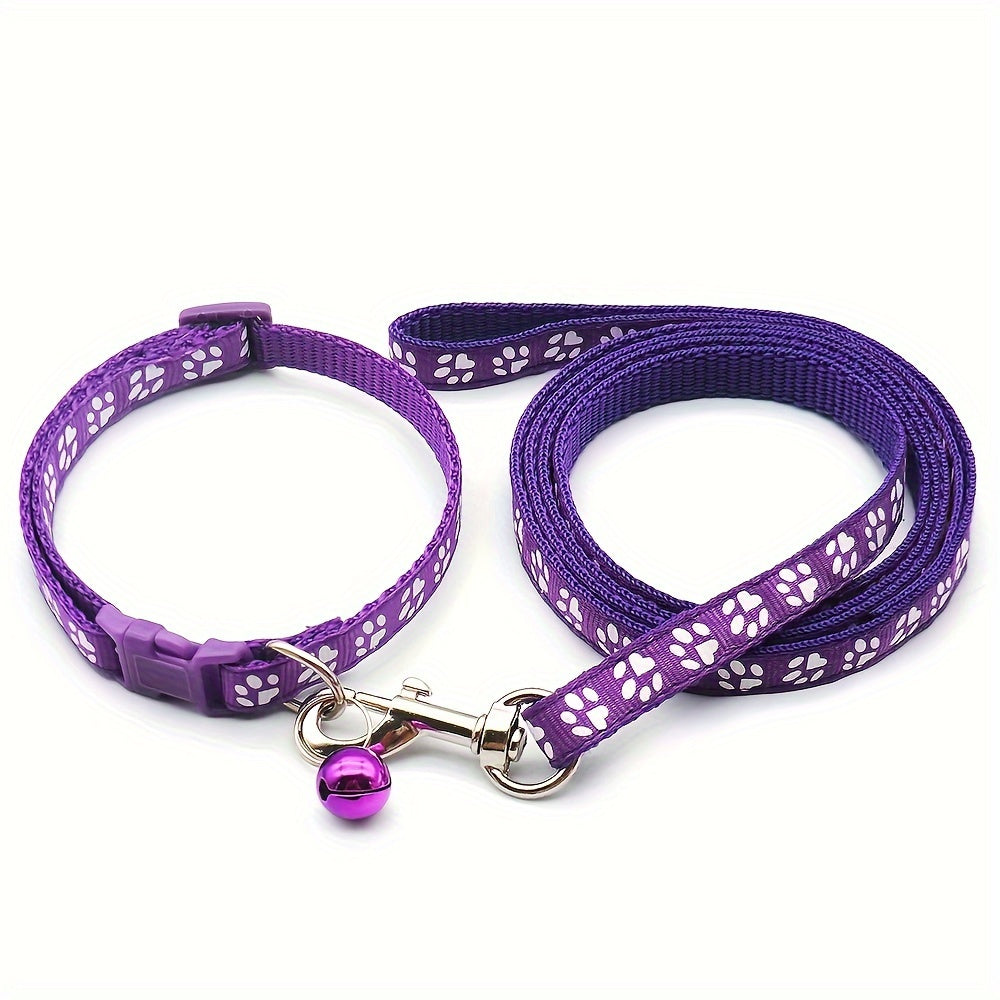 Cute Paw Pattern Nylon Dog Collar - Pet Dog Collar And Leash Set With Bell Long Dog Walking Leash