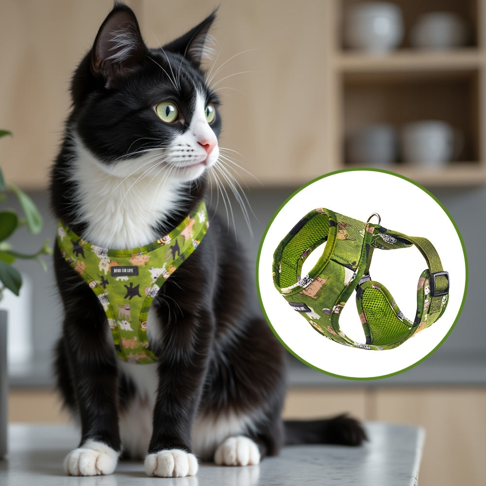 6pcs Forest Animal Print Dog Walking Set, Adjustable Pet Harness, 4ft Leash, Collar, Bowtie, Bandana, and Waste Bag Dispenser for Small to Large Dogs, Polyester Fiber, Without Battery