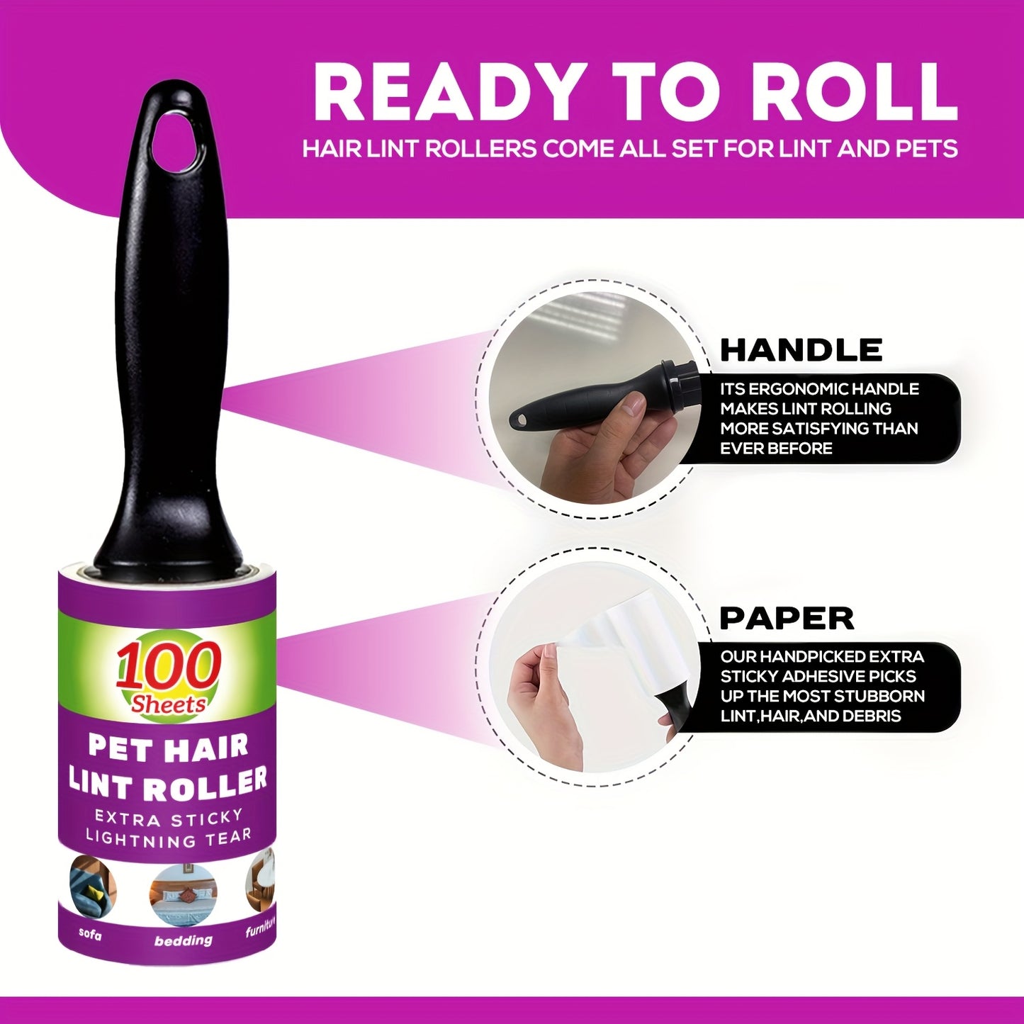Value Pack of 200/400/800 Sheets of Pet Hair Removal Rollers, Featuring Refillable Sticky Rollers That Are Easy to Tear. Ideal for Removing Stubborn Pet Hair, These Portable Lint Rollers Are Suitable for Furniture, Carpets, C