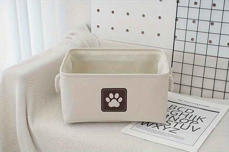 Beige Canvas Multi-Purpose Storage Box - Pet Toy Organizer with Brown Paw Print Design, Rope Handles - Ideal for Dog Toys, Clothes & Organizational Needs
