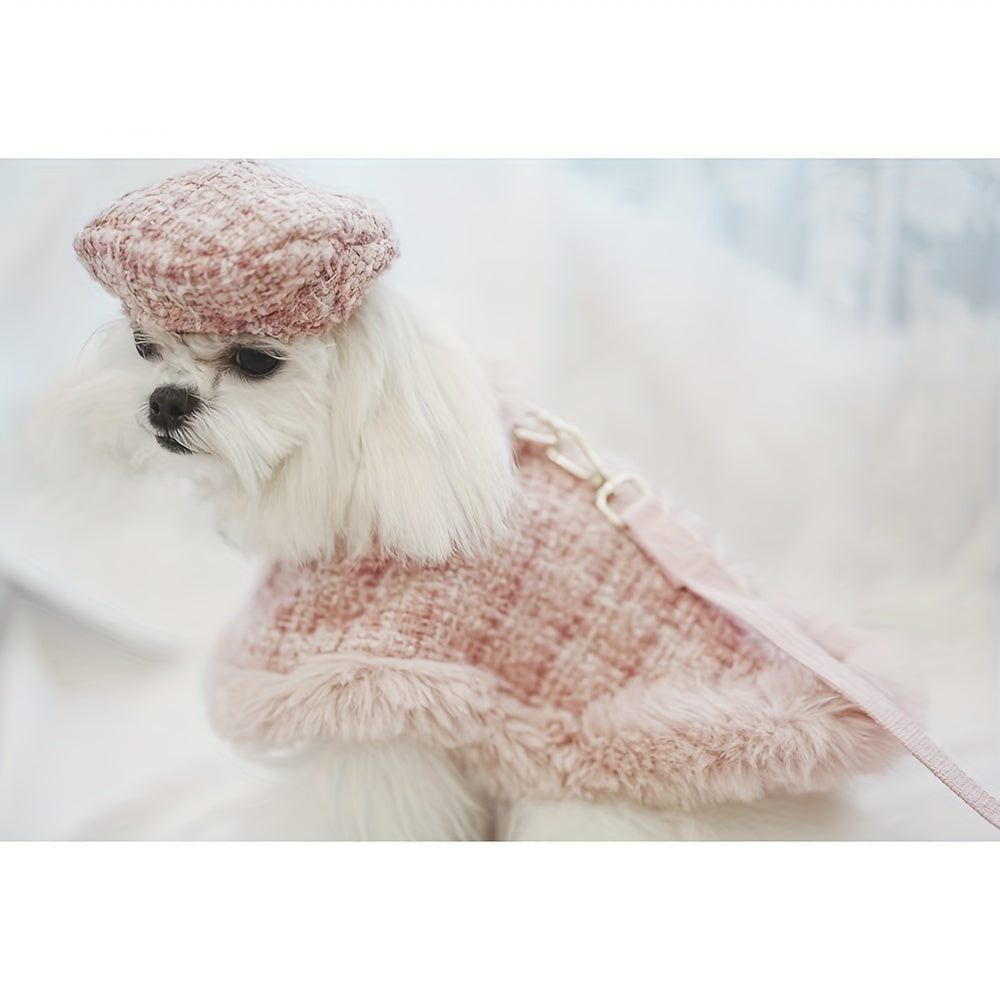 Cozy Pink Plush Dog Sweater with Adjustable Harness and Leash Set - Knit Winter Coat for Small to Medium Breeds, Fashionable Pet Apparel for Autumn & Winter Comfort