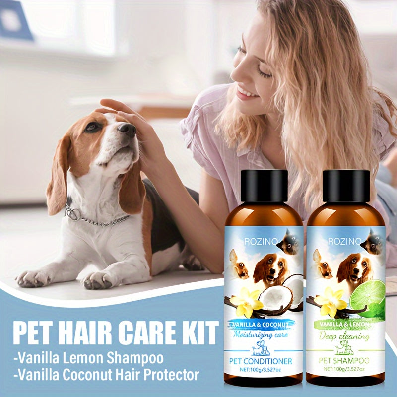 2pcs ROZINO Pet Grooming Set - Gentle, Deep Cleansing & Moisturizing Conditioner and Shampoo for All Dog Breeds (Vanilla & Coconut Milk, Lemon & Mint, 100ml Each)