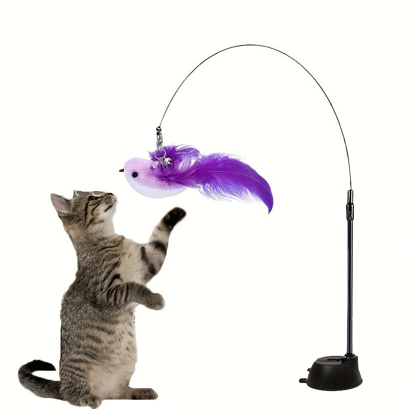 Colorful Feather Bird Cat Teaser Stick - Long Steel Wire Pole with Glue Suction Cup - Cute and Vivid Simulation Pet Toy for Self-Entertainment and Bite-Resistant Cat Supplies