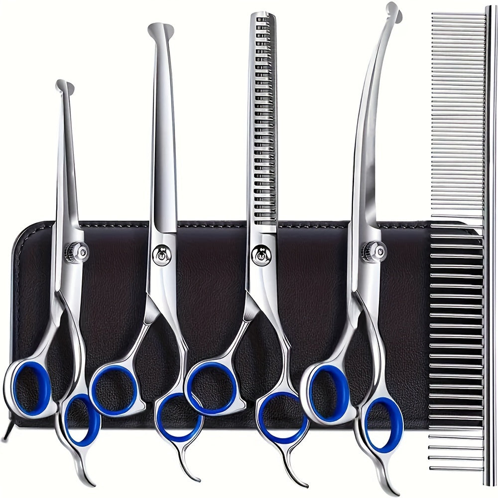 7 piece professional pet grooming scissors set, stainless steel dog and cat hair thinning scissors, with downward curved, straight, upward curved scissors and comb