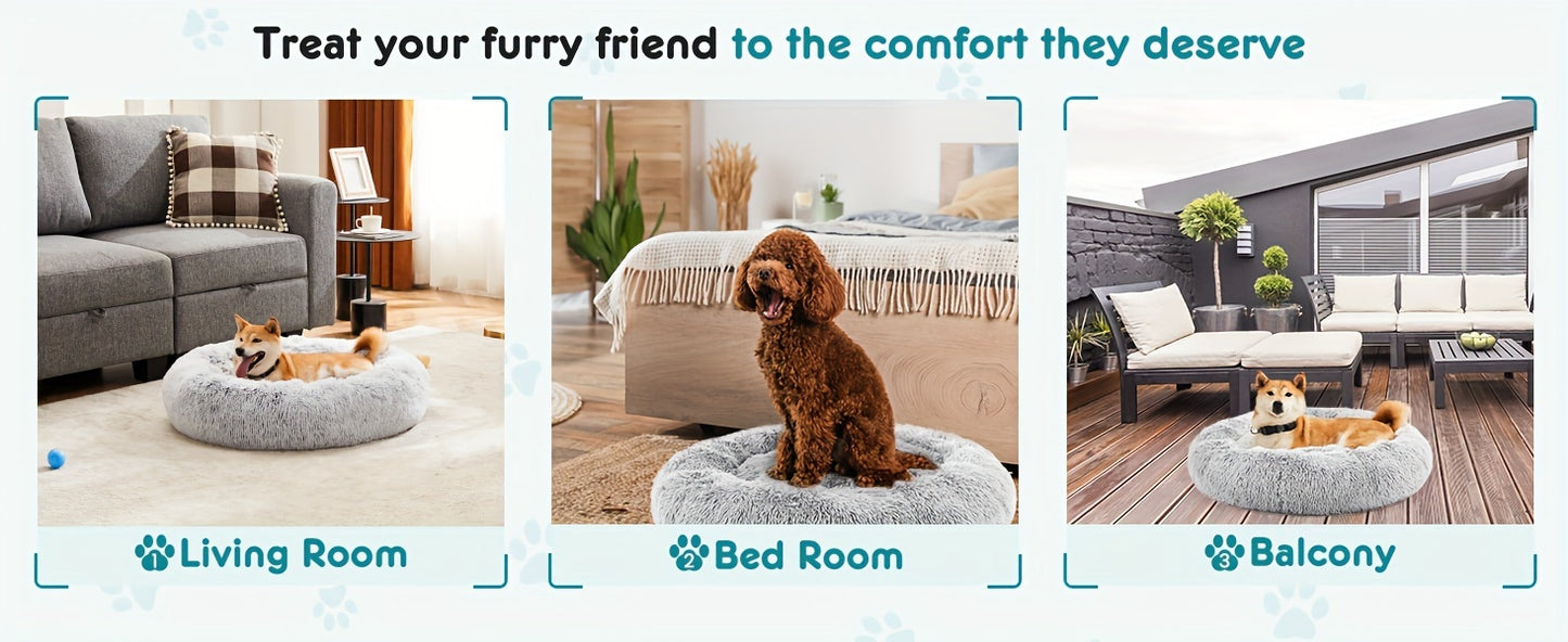 Fluffy Plush Calming Pet Bed For Dogs And Cats - Washable Anti-Slip Round Bed For Pets - Grey Color