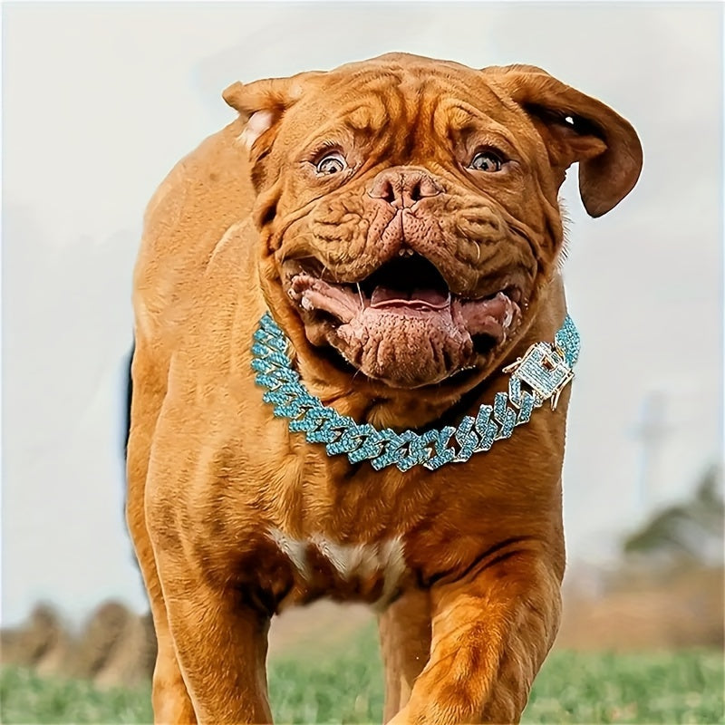 Luxury Precious Stone-Patterned Zinc Alloy Dog Necklace - Cuban Link Style Pet Collar Accessory