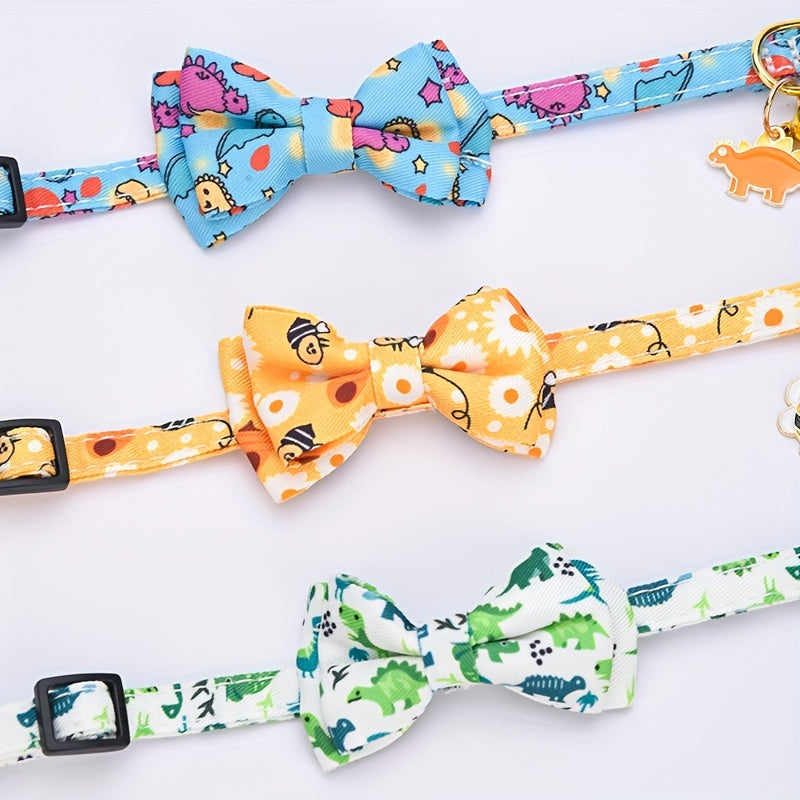 Adjustable Polyester Fiber Cat Collars with Animal Print, Bow Tie & Bell Pendant - CP627 Cute Pet Collar Set with Safety Buckle & Detachable Accessories
