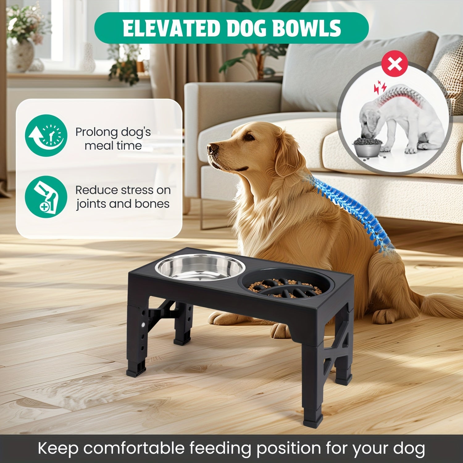 Adjustable Height Elevated Dog Bowl Stand, 5-Level Adjustment from 3.2" to 12.2", Includes 2 Stainless Steel Food Bowls & Slow Feeder, Sturdy Black Metal for Small to Large Dogs, Pet Feeding Station | Sleek Dog Stand | Durabl