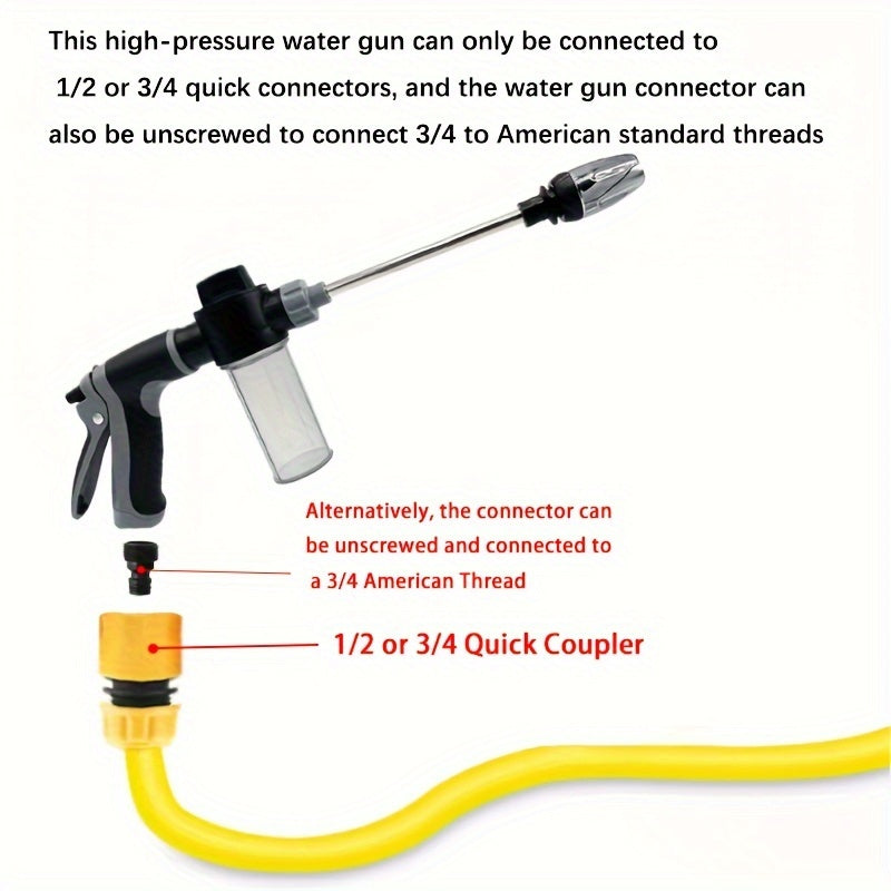 Versatile High-Pressure Car Wash Spray Gun with Quick Connect Adapters - Perfect for Pets & Outdoor Cleaning, Includes 3/4" & 1/2" Hose Nozzles