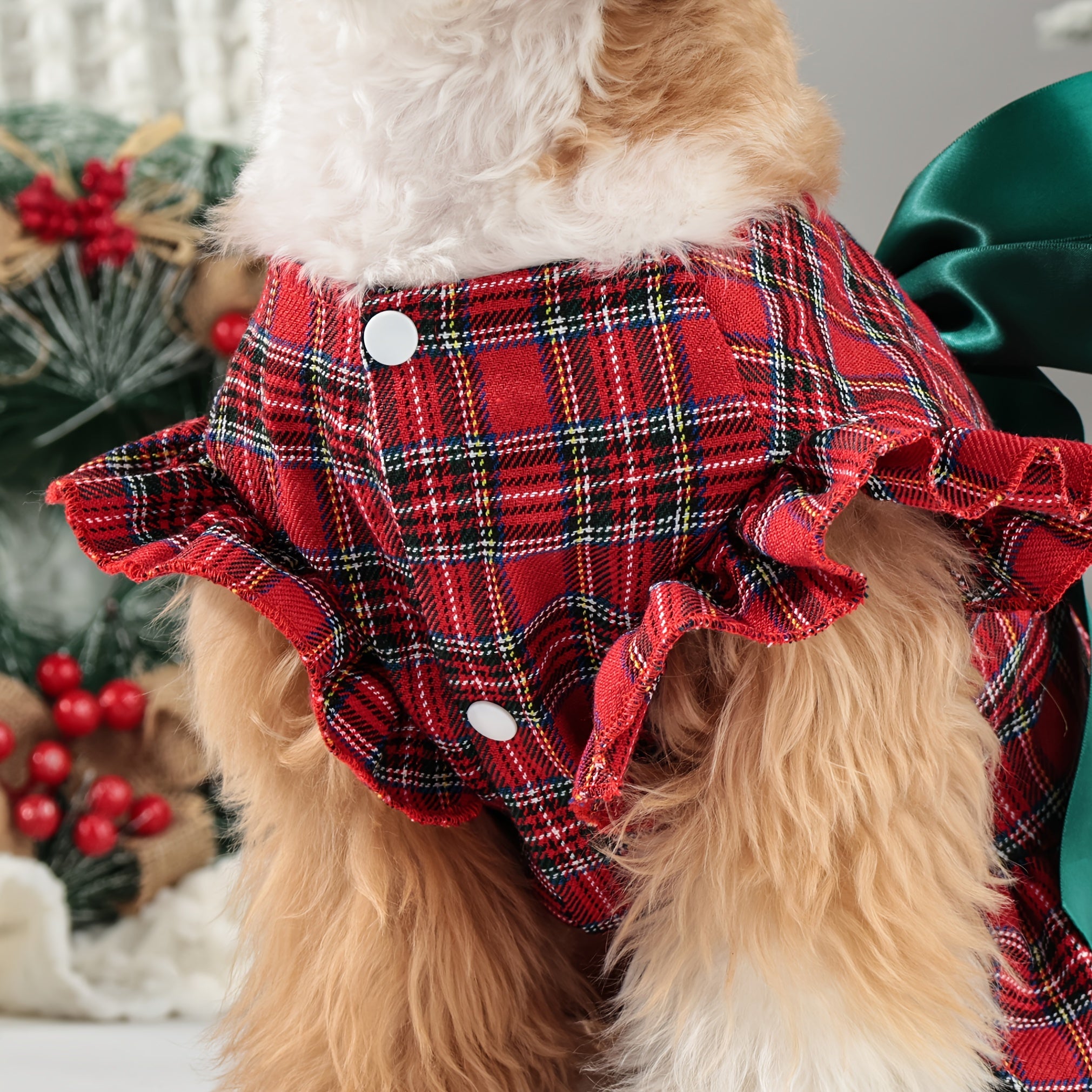 Winter & Autumn Tartan Dog Dress with Snap Buttons – 100% Polyester Woven Plaid Puppy Dress, Small Breed Christmas Party Outfit with Festive Bow Detail, Warm Pet Apparel for Seasonal Celebrations