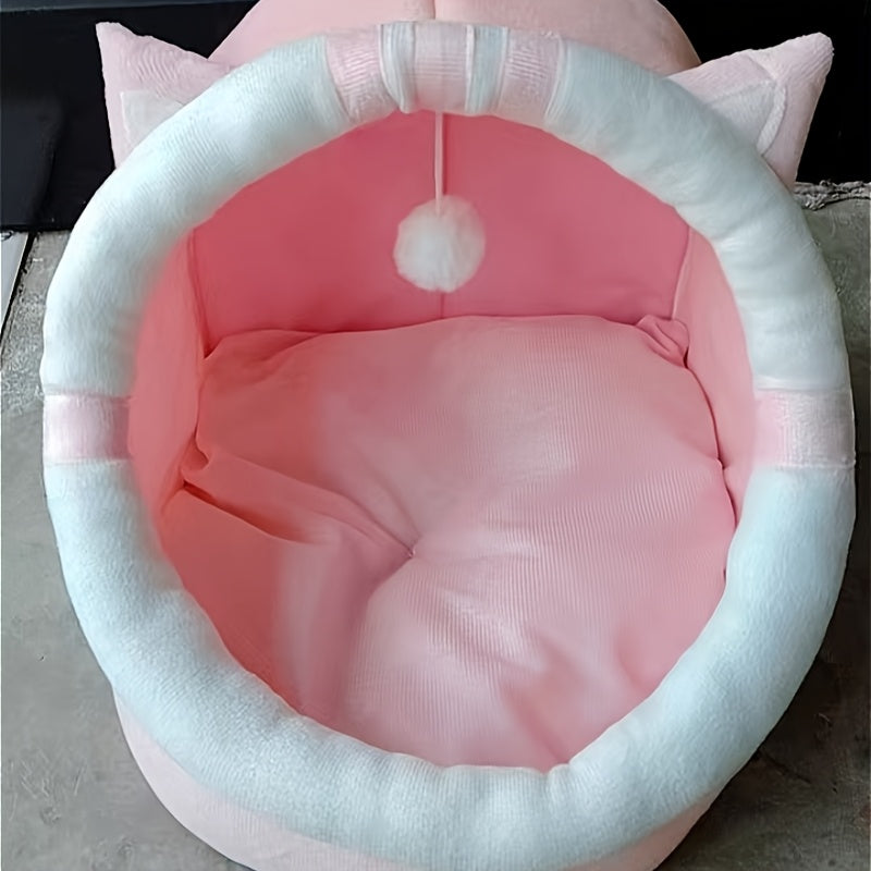 Adorable Pink British Shorthair Cat-Shaped Cozy Pet Cottage - Soft, Warm, Removable & Washable Polyester Bed with Playful Hanging Ball - Perfect Winter Nest for Cats & Small Dogs, Indoor Pet Cottage|Decorative Pet Furniture|S