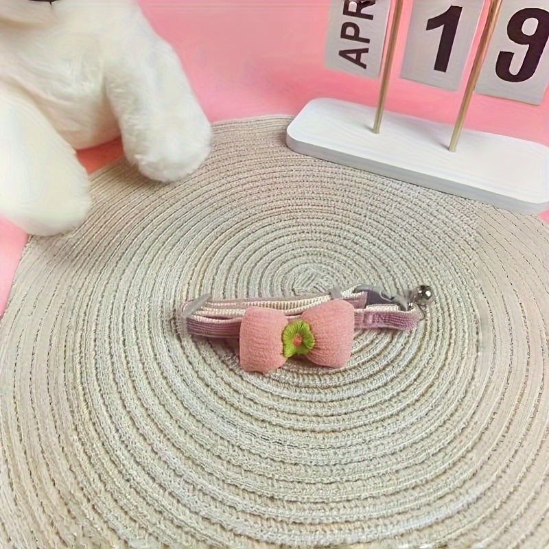 Floral Bowtie Plush Pet Collar With Bell - Adjustable Polyester Neckwear For Cats And Small Dogs