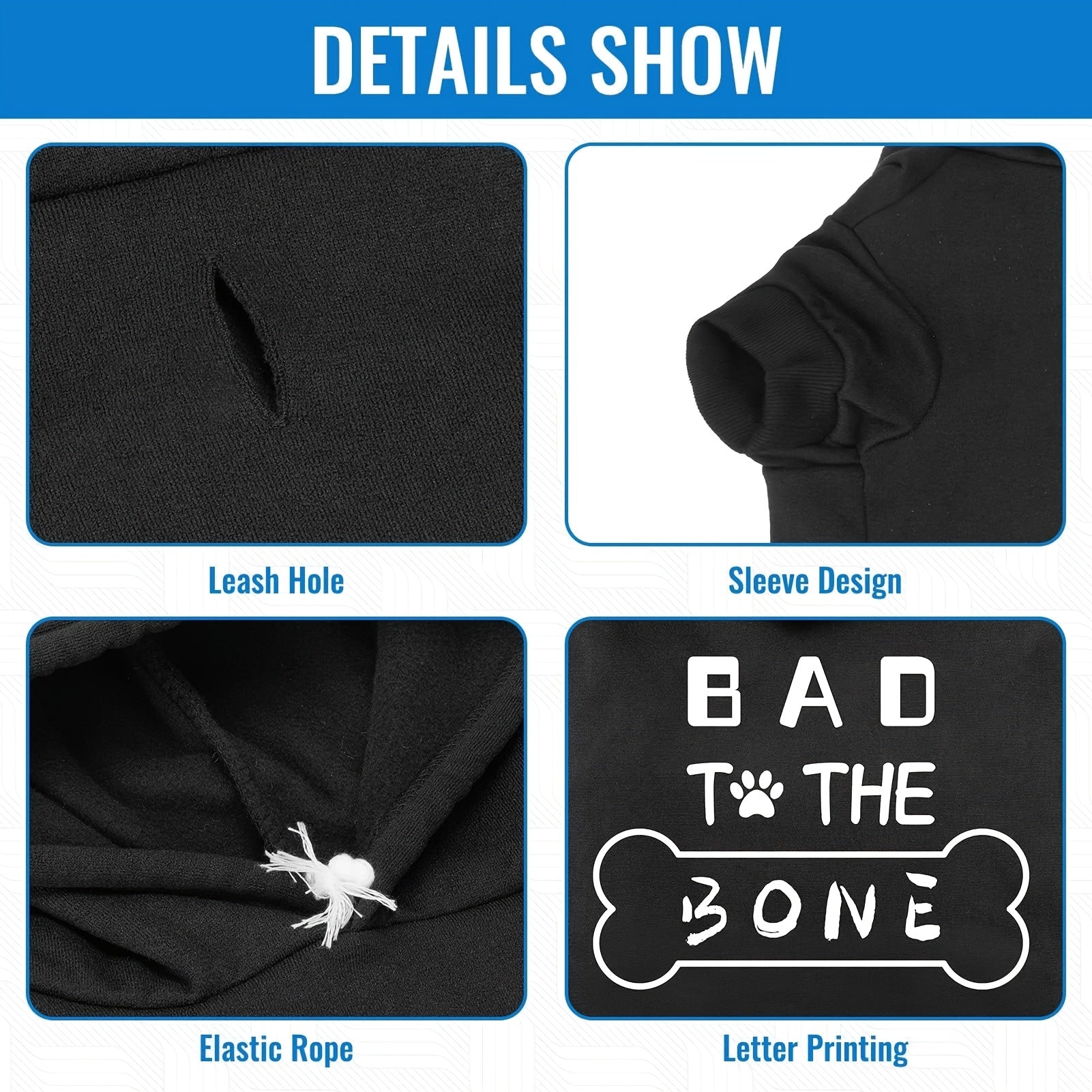 BINGPET Dog Hoodies - "Bad to the Bone" Print Soft & Warm Puppy Sweatshirt with Harness Hole, Cold Protective Winter Coats for Small, Medium & Large Dogs - Stylish & Comfortable Hooded Pet Apparel for Indoor & Outdoor Activit