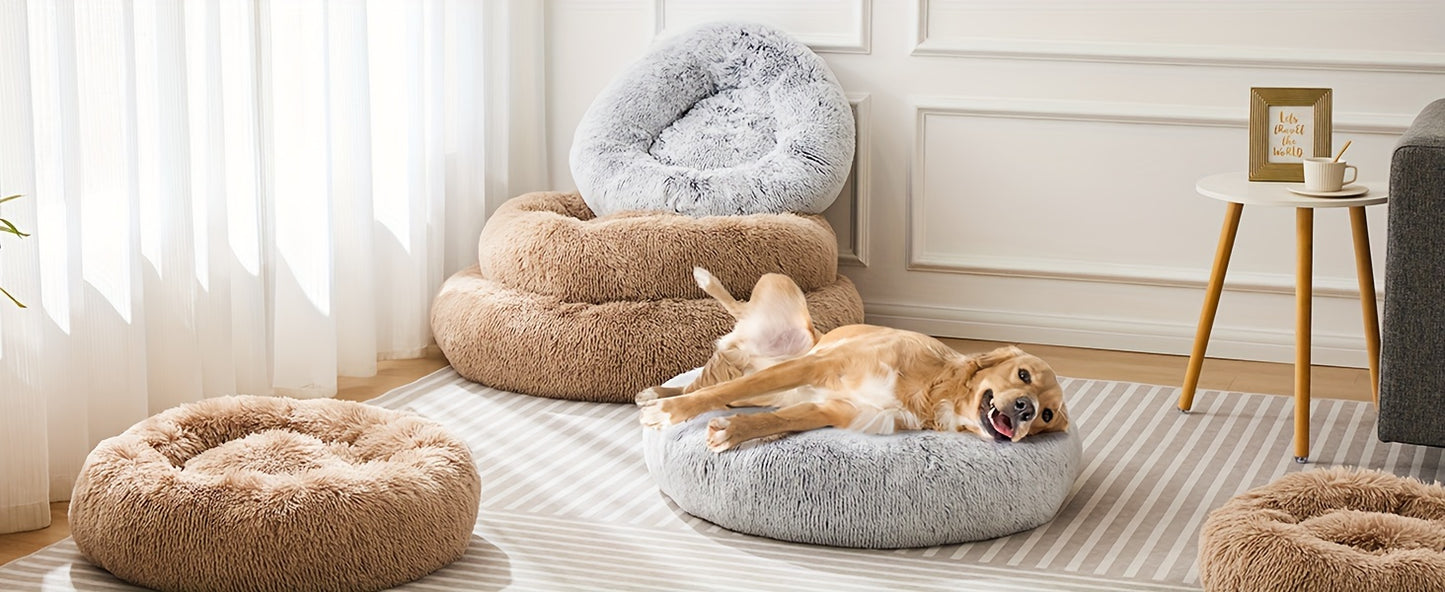 Fluffy Plush Calming Pet Bed For Dogs And Cats - Washable Anti-Slip Round Bed For Pets - Brown Color