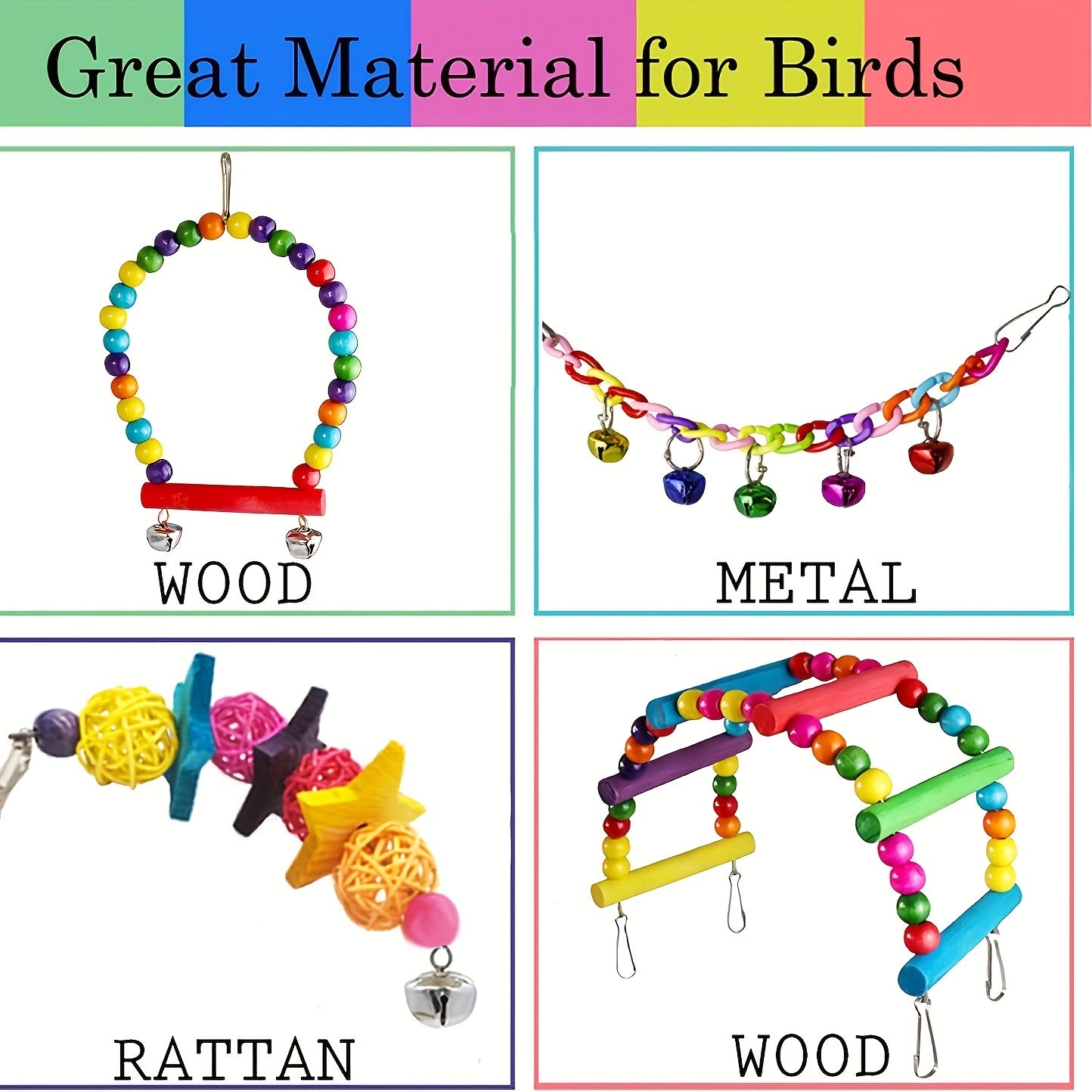 7pcs Bird Toy Set Colorful Pet Parrot Toys Swing Chewing Hanging Cage Toy With Bell Bird Cage Accessories