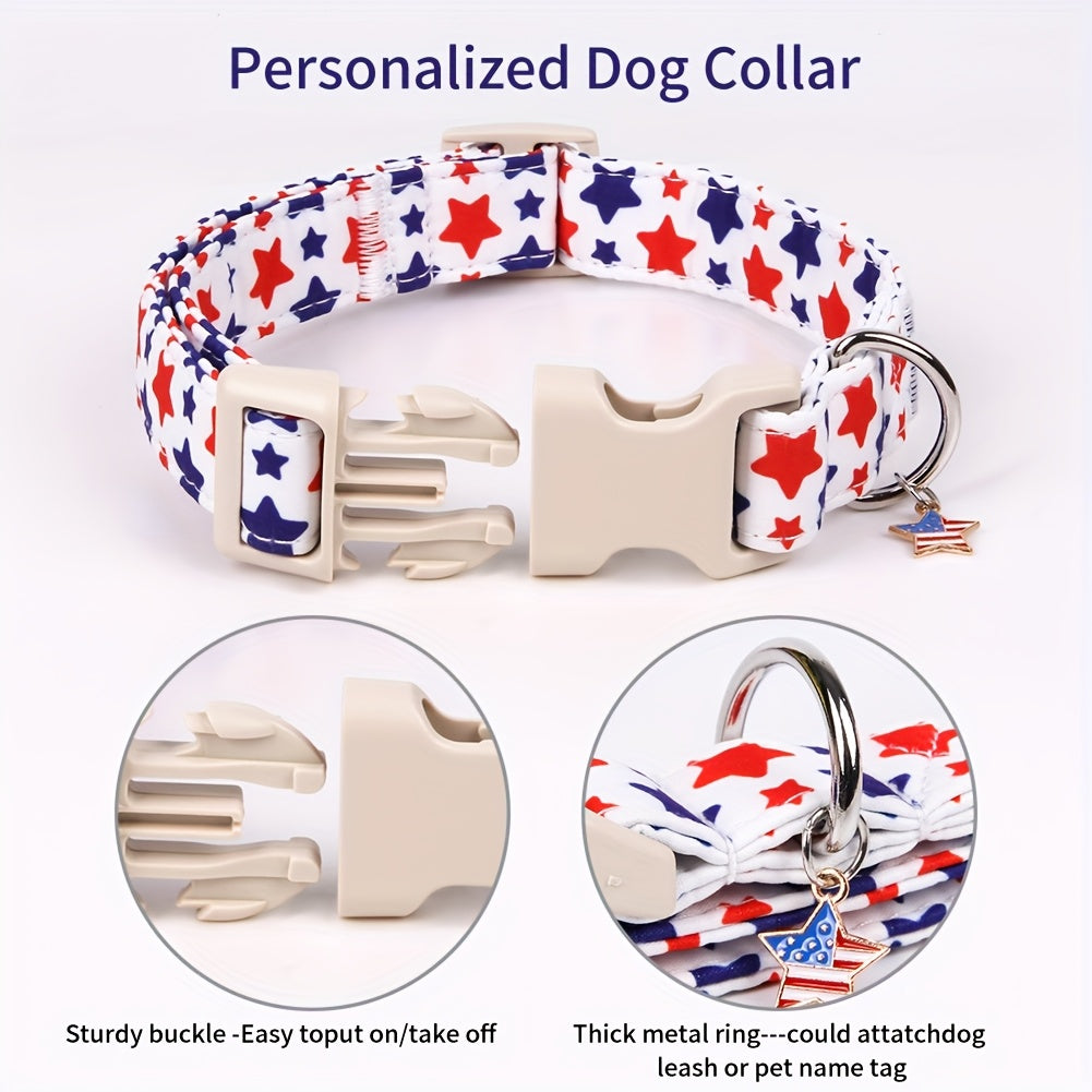 Patriotic American Flag Dog Collar, Adjustable Polyester Pet Collar with Star Pattern, Quick Release Buckle, Festive 4th of July Accessory for Small Dogs