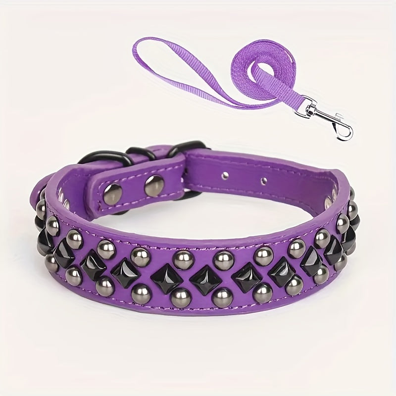 ECP037S Black Faux PU Leather Dog Collar And Leash Set - Comfortable, Durable Pet Accessories for Training & Walking
