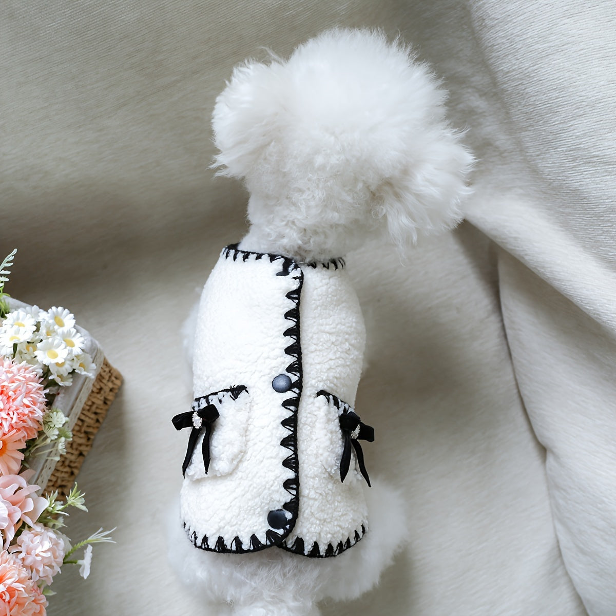Polyester Knit Small Dog Vest Sweater Coat - Bow Detail, Press Stud Closure - Pet Apparel for Bichon Frise, Pomeranian, Schnauzer, Teddy Breeds - Winter and Fall Clothing