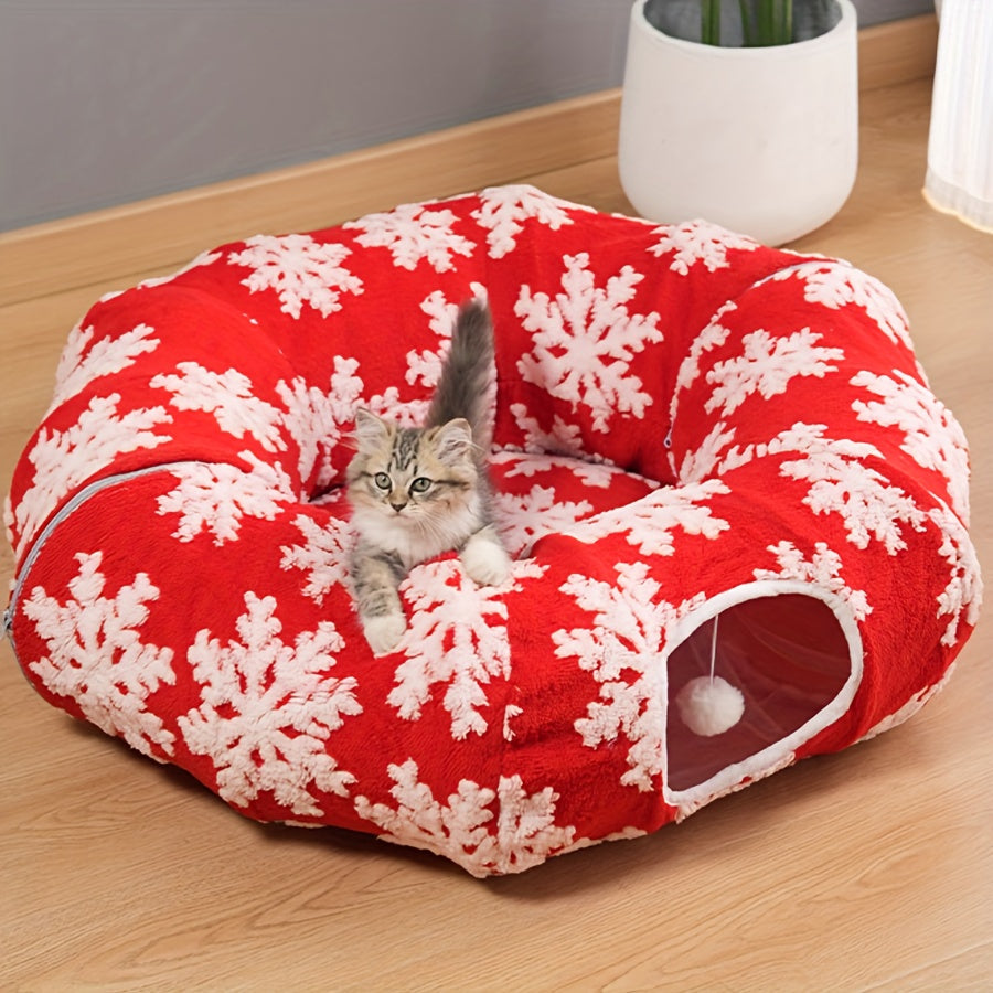 Christmas Cat Tunnel & Bed - Extra Large 37.01in Plush Warm Cozy Cat Bed with Expandable Donut, Snowflake Pattern, Holiday Theme, Anxiety Relief, Indoor Use, Red & Green, Cat Bed for Indoor Cats, Festive Pet Furniture, Playfu
