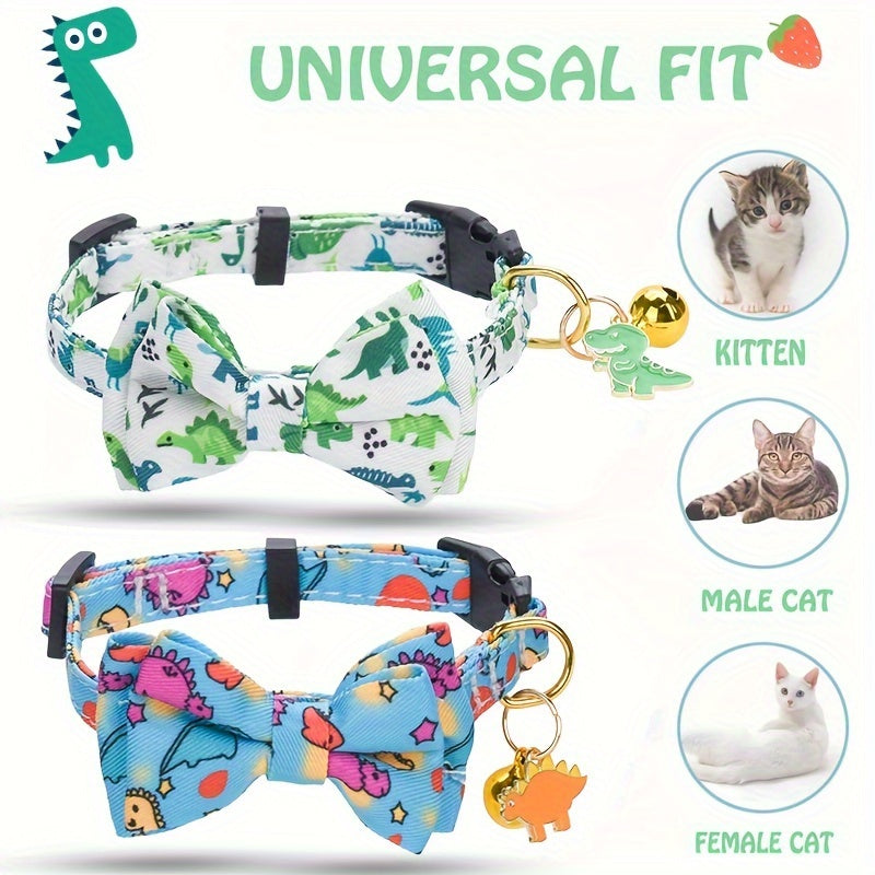 Adjustable Polyester Fiber Cat Collars with Animal Print, Bow Tie & Bell Pendant - CP627 Cute Pet Collar Set with Safety Buckle & Detachable Accessories