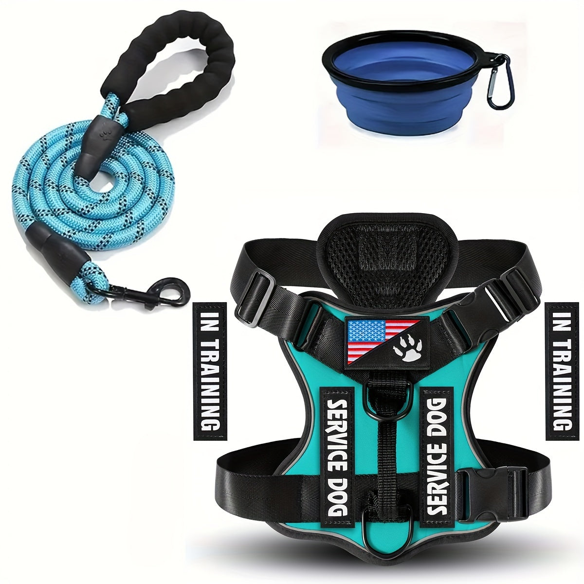 Service Dog Harness and Leash Set - Adjustable Soft Oxford Pet Harness with 1pc Folding Bowl, 5pcs Patches, Reflective Vest, Easy Control Traction Rope for Small Medium Large Dogs