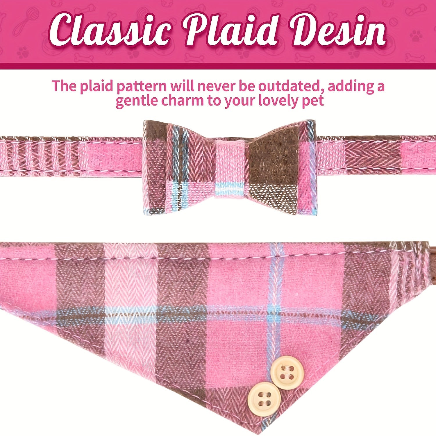 Plaid Leather Dog Collar Set with Bandana and Bowtie, Adjustable Pet Collar with Leash and Bell for Small to Medium Dogs and Cats, Machine Washable