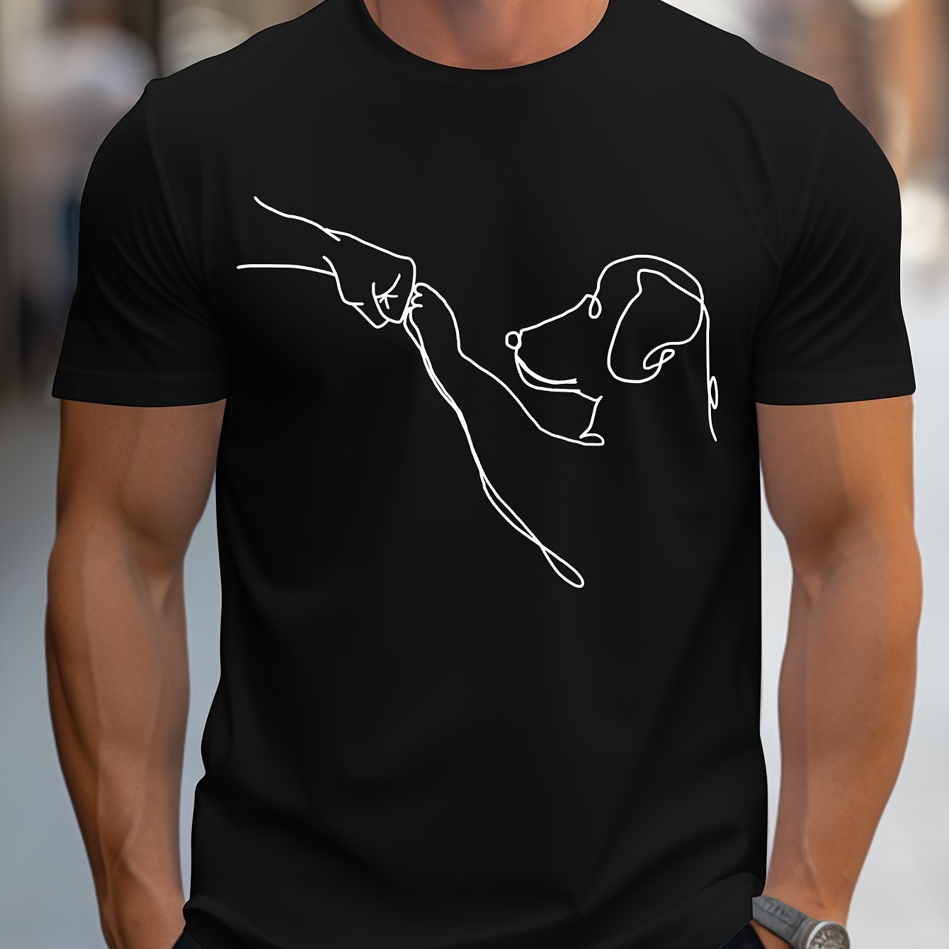 Men's Line Art Dog Print T-Shirt: Poop Scooper Exclusive! Super Cute Hand-Drawn Puppy Sketch, Minimalist Pet Interaction Design – Adorable Paw Print & Leash Graphic Tee
