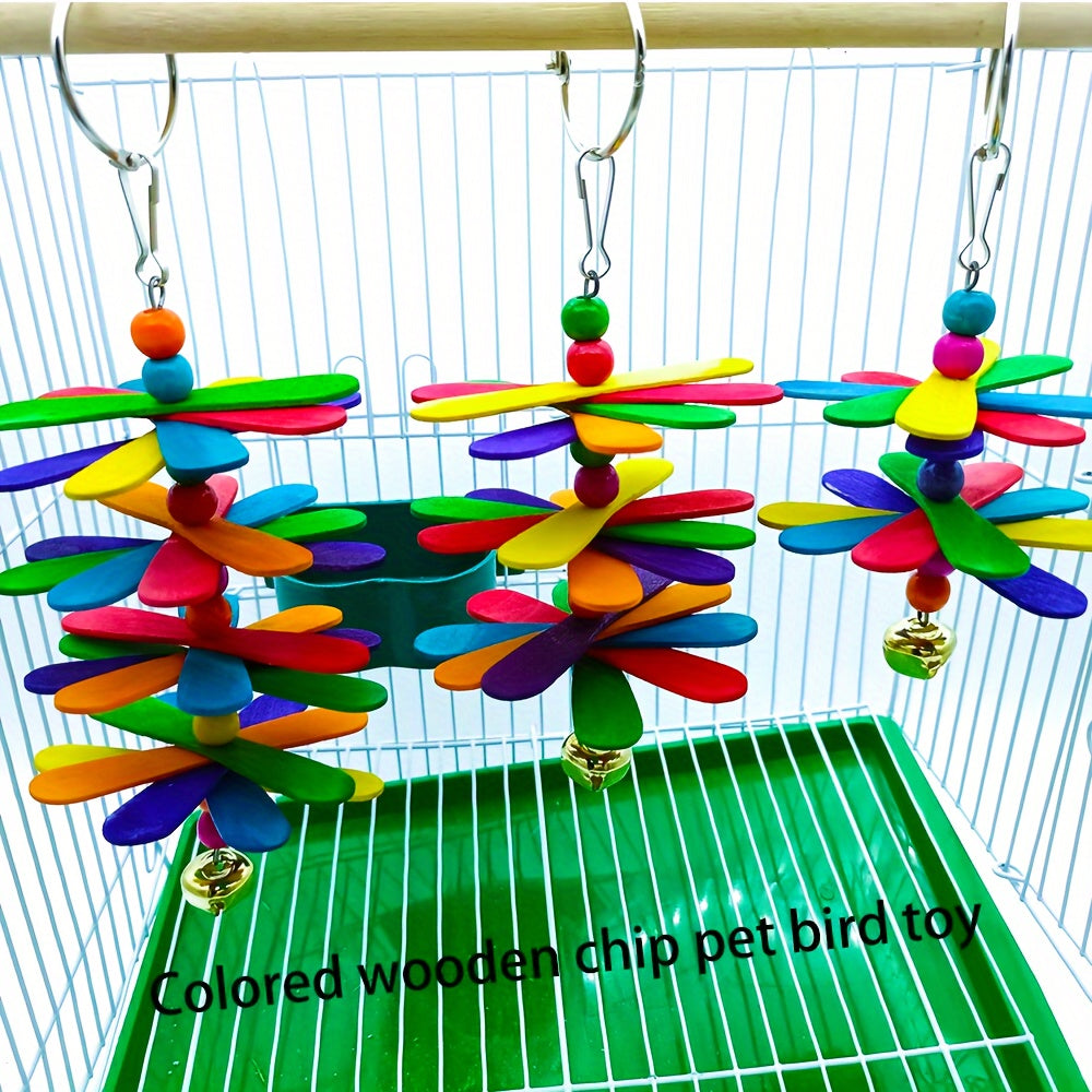 Colorful Wooden Parrot Chew Toy - Interactive Swing & Play for Birds, Cage Decor with Bell, Assorted Colors