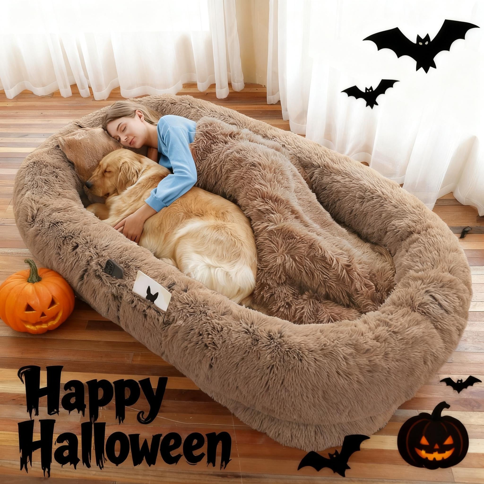 Extra Large Orthopedic Human & Dog Bed with Plush Pillow & Blanket - 71"x45"x12" Washable Faux Fur Pet Couch, Non-Slip Base, Removable Cover - Grey Bed for All Dog Breeds (Small/Medium/Large Dogs) & Cozy Napping Companion for