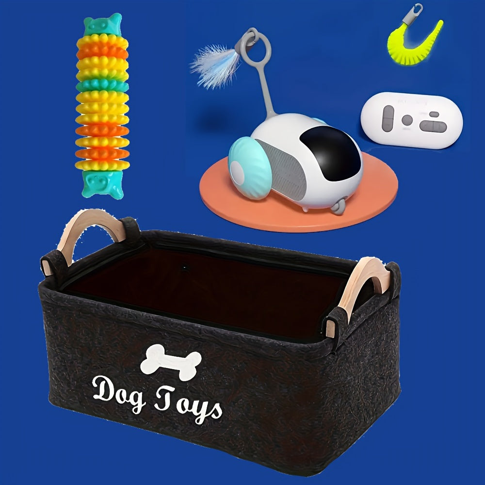 OPETEE Foldable Fabric Pet Toy Storage Basket Organizer with Bone Pattern & Wooden Handles - Spacious Easy-to-Clean Dog Toy Chest for Blankets, Leashes, Puppy Clothing - Dark Grey Clutter-Free Home Decor, Home Pet Organizer |