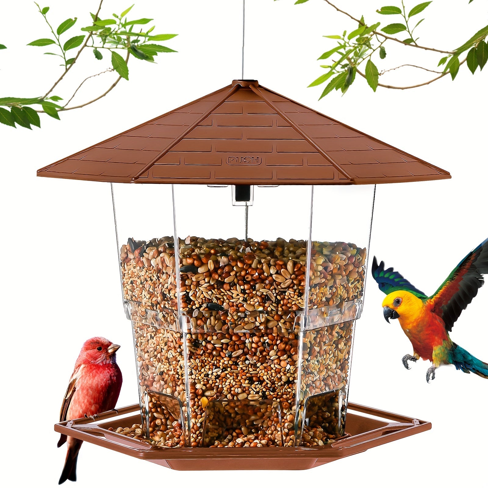 bird feeder with clear feeding tubes & heavy-duty dome - All- bird feeding station, Base, Easy-to-Clean - Attracts, Finches, Sparrows, Blue Jays - Durable Plastic with Hanging Hook - Ideal for Backyard,b or Balcony - Brown Ro