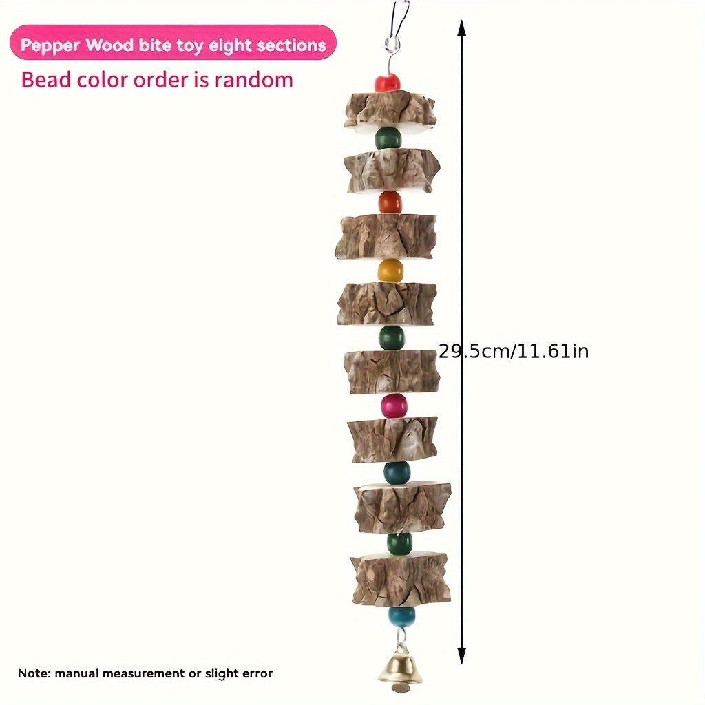 Natures Delight - Durable Wooden Parrot Toy with Melodic Bell and Vibrant Beads - Stimulating Chewing & Grinding Aid for Birds Health - Perfect Cage Accessory
