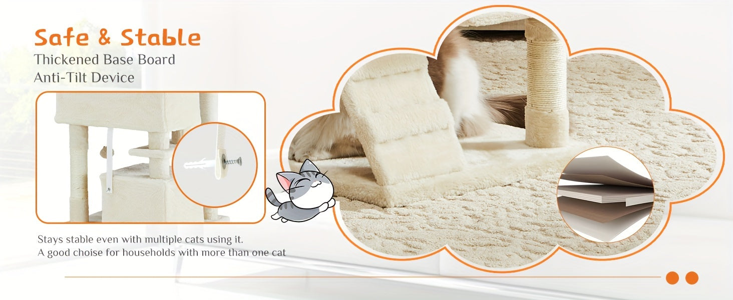 54in Cat Tree Tower for Indoor Cats, Multi-Level Pet Furniture, Kitty Play House with Sisal Scratching Post, Large Condo, Climbing Ladder, Plush Toy for Kitten, Beige and Gray