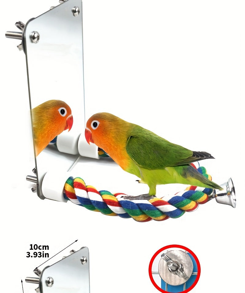Interactive Parrot Mirror Toy with Chewable Rope Perch - Acrylic Bird Play Station for Cage