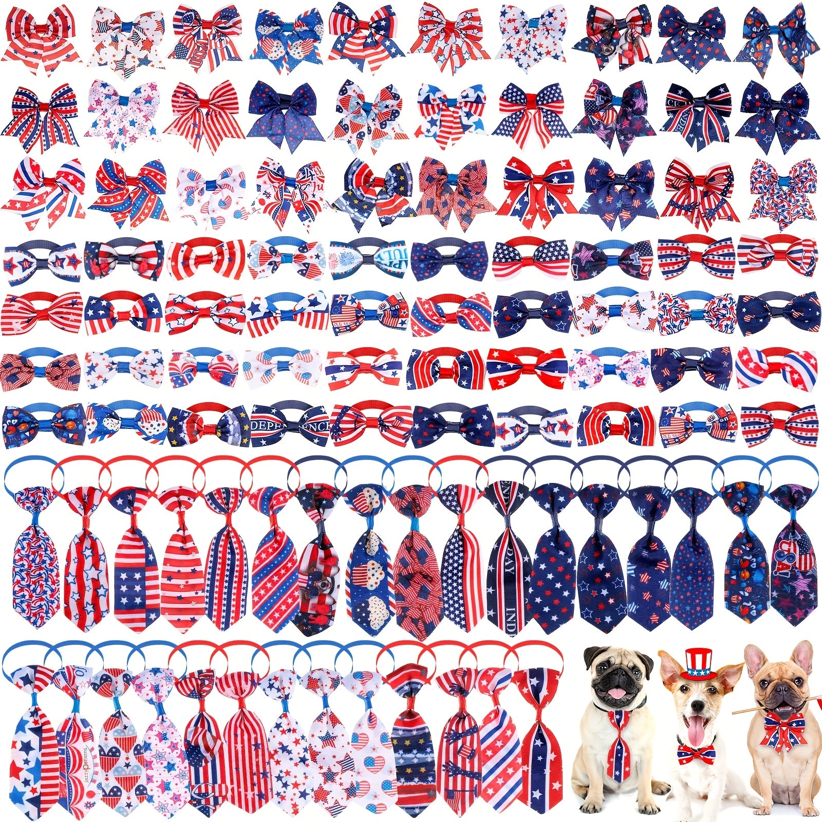 100pcs Patriotic Dog Bow Tie Collar Set - Adjustable 4th of July Dog Bows with American Flag & Star Designs, Polyester, Perfect for Small to Medium Breeds, Festive Pet Accessories | Patriotic Dog Accessories | Adjustable Coll