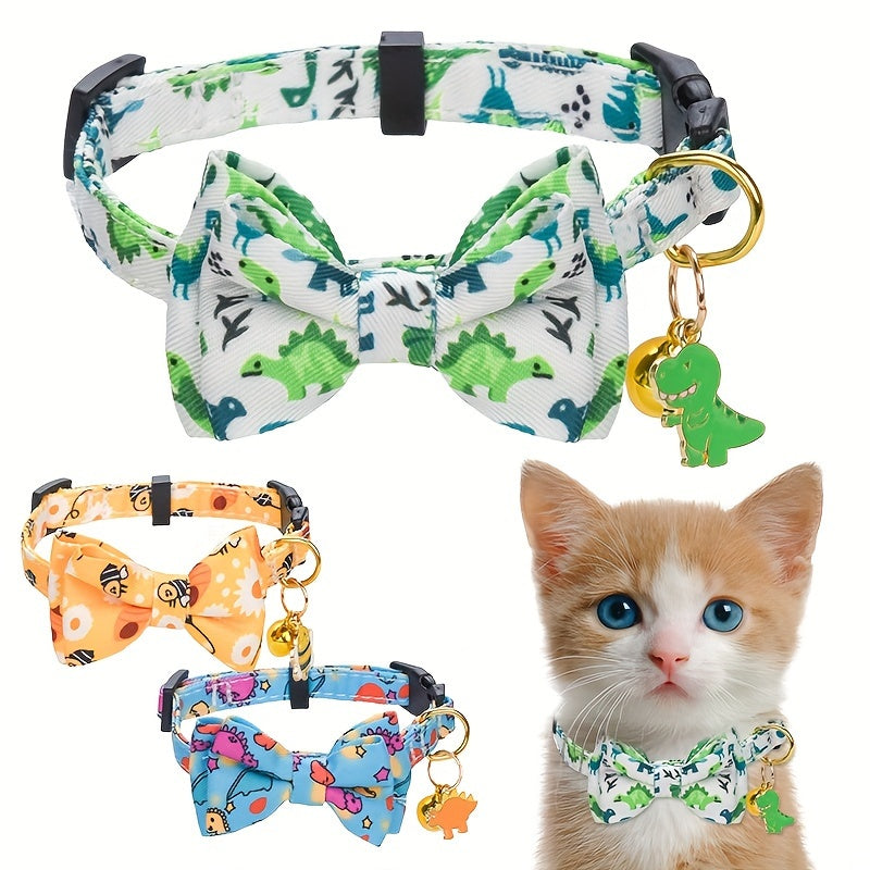 Adjustable Polyester Fiber Cat Collars with Animal Print, Bow Tie & Bell Pendant - CP627 Cute Pet Collar Set with Safety Buckle & Detachable Accessories