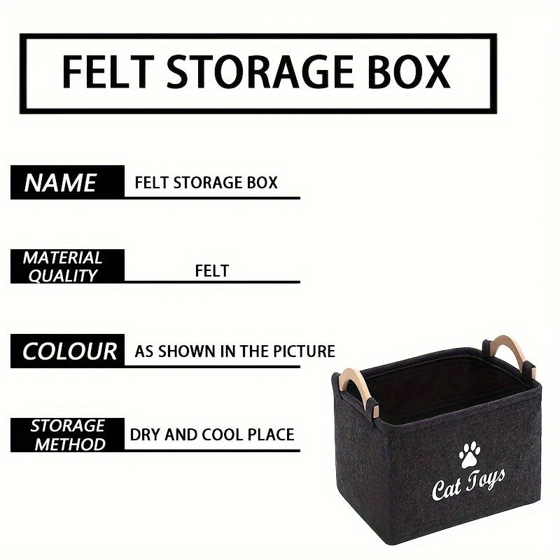 Foldable Pet Toy Storage Basket for Dogs & Cats - Durable Polyester with Paw Print Design, Wooden Handles, Ideal for Organizing Pet Playthings, Dog Toy Storage Basket