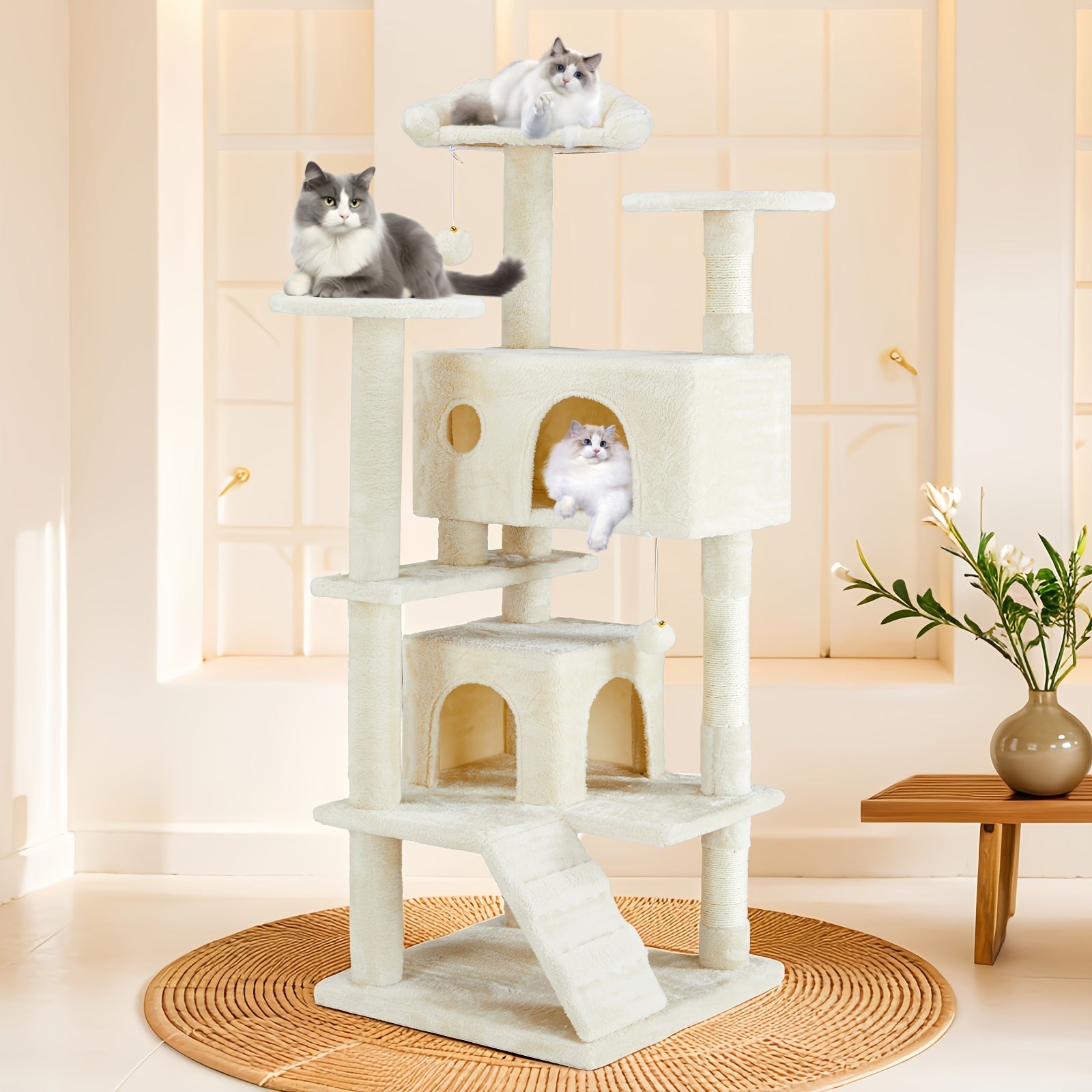Cat Tree Tower For Indoor Cats, 54in Tall Multi-Level Pet Furniture, Stable Kitty Play House With Sisal Scratching Post, Large Condo, Climbing Ladder, Plush Toy For Kitten