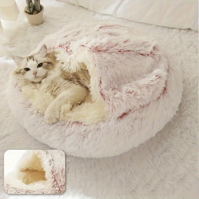 Plush Round Hooded Pet Bed, Warm Dog Bed Dog Cave Nest Soft Donut Dog Cushion Bed Calming Nest